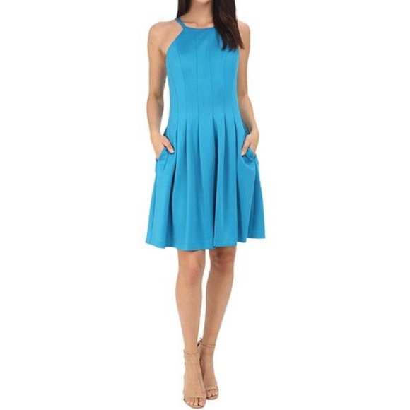 Calvin Klein Halter Neck Fit & Flare Dress Women’s Size 2 Turquoise Pockets - Picture 1 of 8